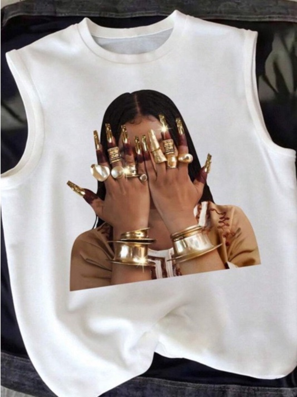Female with Jewelry White Graphic Sleeveless Women’s Tank Top with Gold Accents
